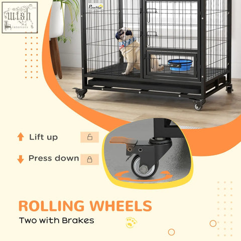Black metal pawhut heavy duty dog crate 92l x 62wcm with rolling wheels lockable brake flat tube design