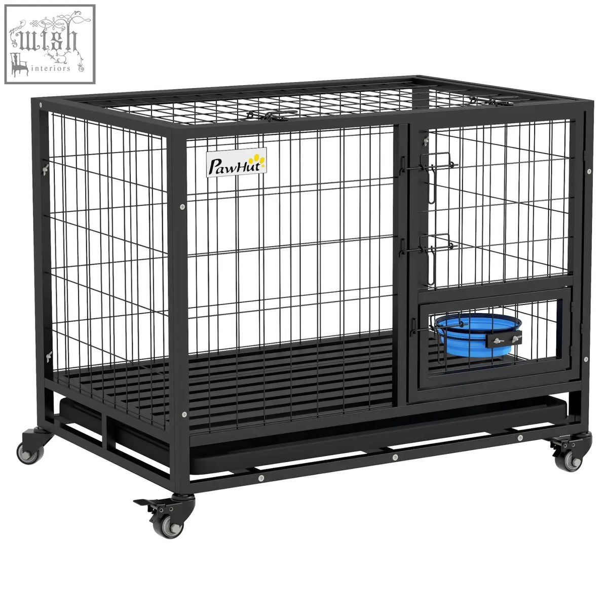 Black metal pawhut heavy duty dog crate on wheels with flat tube frame 92l x 62wcm and blue bowl inside