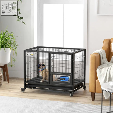 Black metal dog crate with wheels flat tube wire mesh sliding door and bowl holder pawhut 92l x 62wcm for medium large dogs