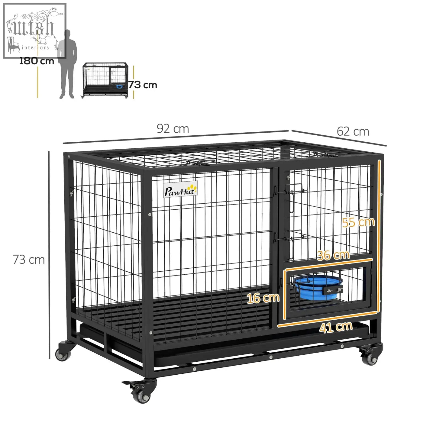 Black metal PawHut dog crate on wheels with flat tube frame 92l x 62wcm and blue bowl inside for medium large dogs