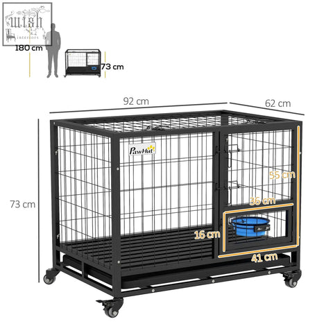 Black metal PawHut dog crate on wheels with flat tube frame 92l x 62wcm and blue bowl inside for medium large dogs