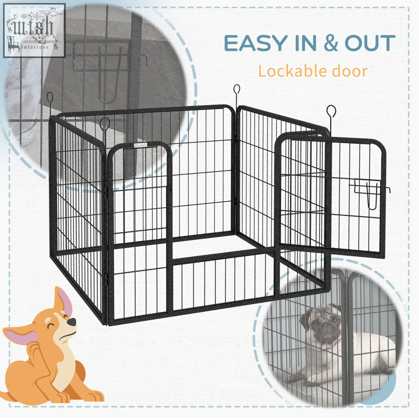 Black metal pet playpen with lockable doors foldable knockdown design 82l x 82w pawhut for indoor outdoor use