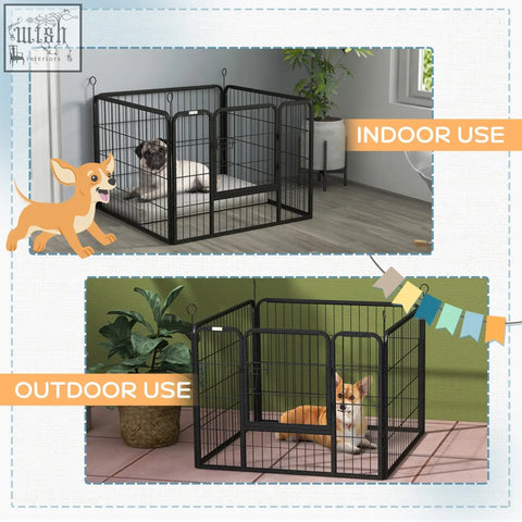 Black metal pet playpen with foldable knockdown design and reinforced corners 82l x 82w for indoor outdoor use