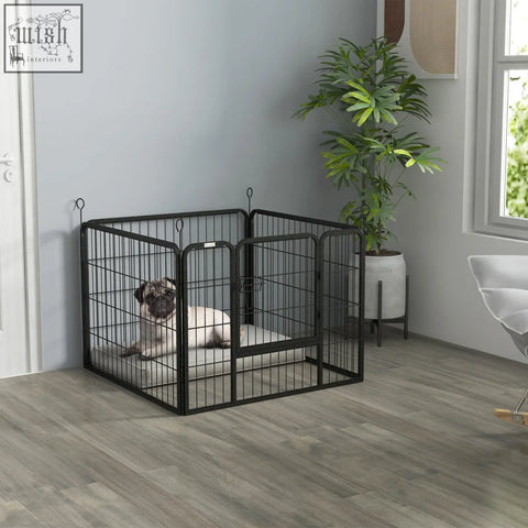 Black metal pet playpen with foldable padded floor in knockdown design 82l x 82w for indoor outdoor use
