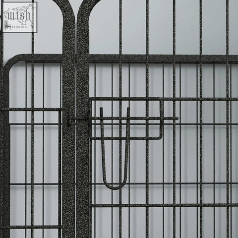 Black metal pet playpen with textured finish and arched top knockdown design 82l x 82w for indoor outdoor use