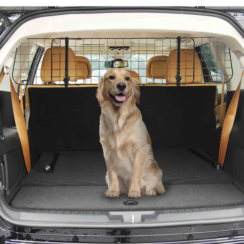 Black metal pet barrier with tan straps by PawHut heavy duty car pet barrier for safe dog travel in black