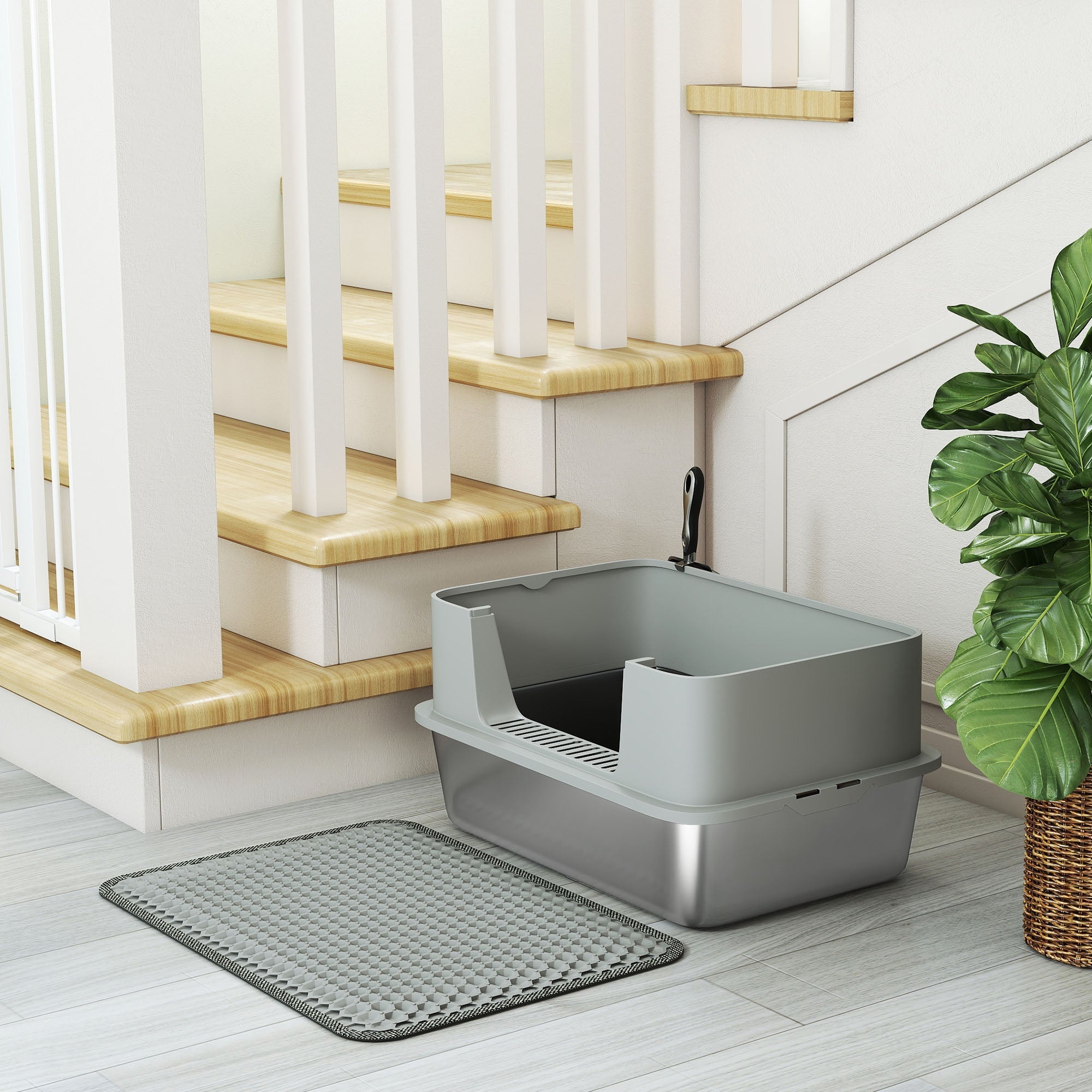 Gray pawhut high sided cat litter box with sleek design and integrated stainless steel litter tray and scoop