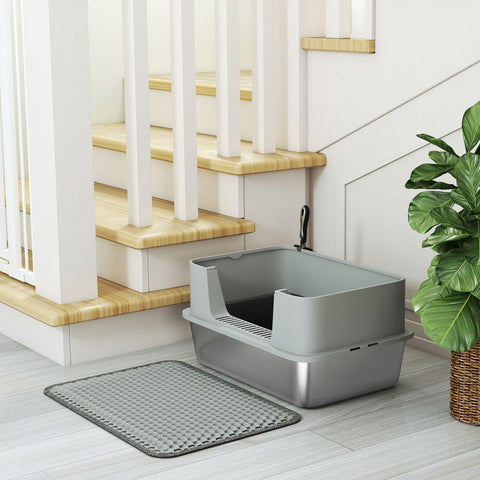 Gray pawhut high sided cat litter box with sleek design and integrated stainless steel litter tray and scoop