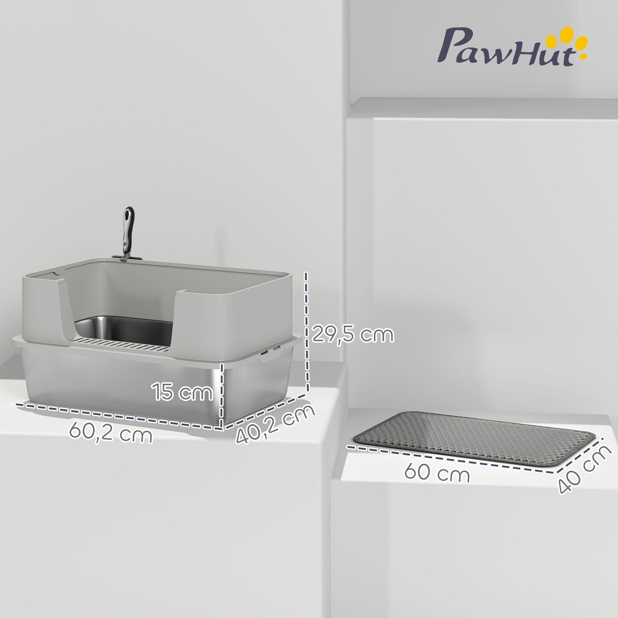 Gray pawhut high sided cat litter box with stainless steel litter tray and built in handle for easy cleaning