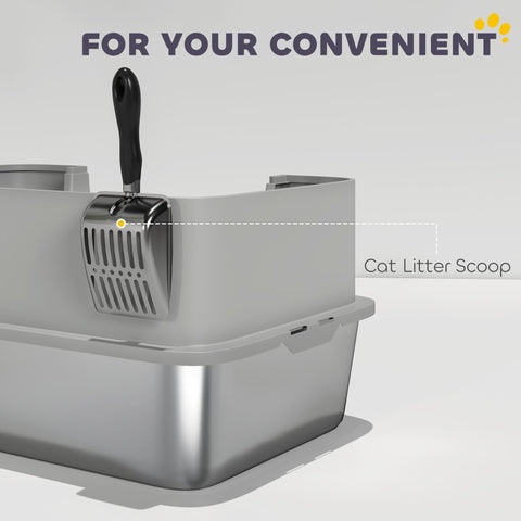 Silver stainless steel litter box by pawhut with black-handled steel litter scoop attached at front