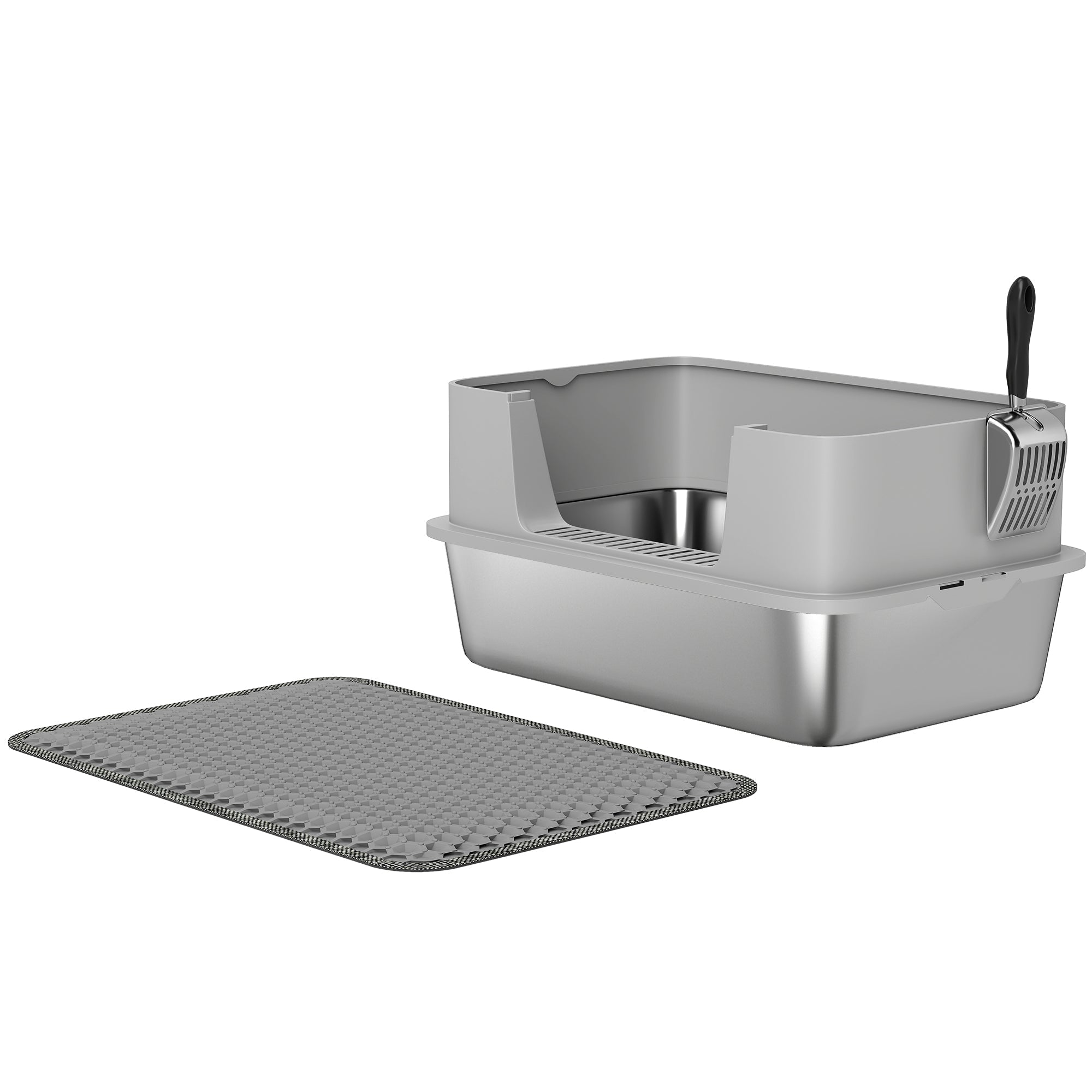 Gray pawhut high sided cat litter box with stainless steel interior and black handled steel scoop for easy cleaning
