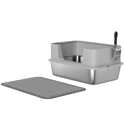 Gray pawhut high sided cat litter box with stainless steel interior and black handled steel scoop for easy cleaning
