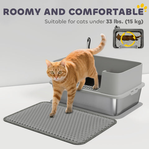Gray pawhut high sided stainless steel litter box with metal scoop and mat for cats under 33 lbs with steel litter design