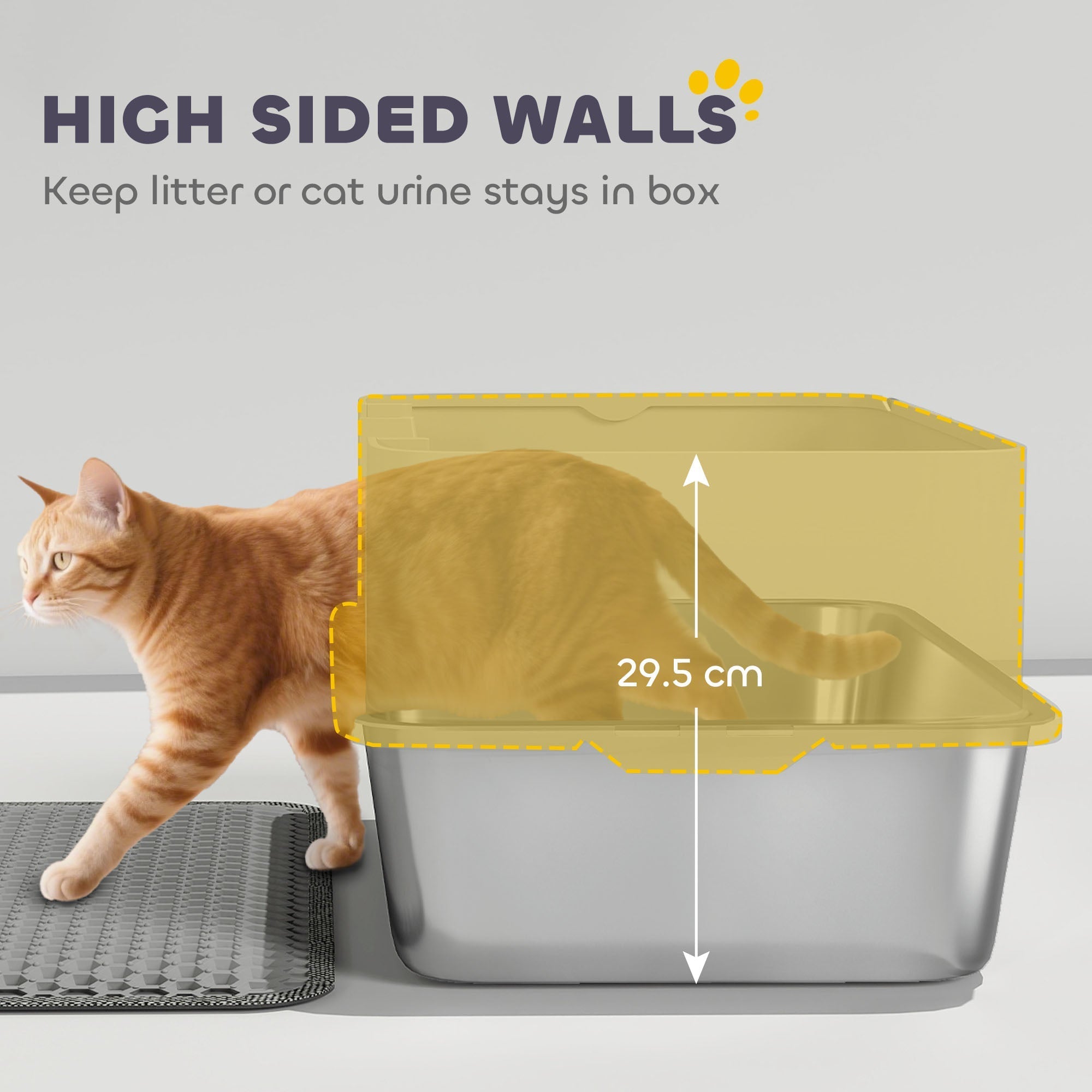 Silver plastic cat litter box with high sides and transparent yellow lid for stainless steel litter use