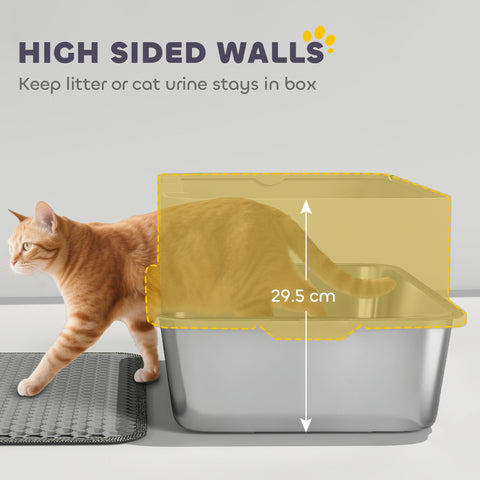 Silver plastic cat litter box with high sides and transparent yellow lid for stainless steel litter use