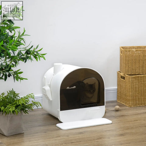 White and dark brown pawhut automatic cat litter box with sleek rounded design and transparent front panel for easy use