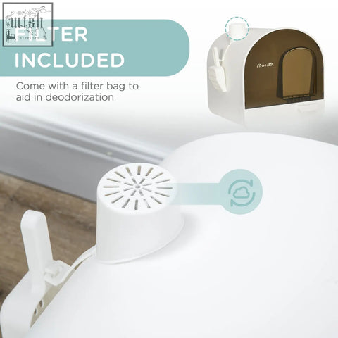 White plastic PawHut hooded cat litter box with brown arched entrance and attached filter clip for cat litter use