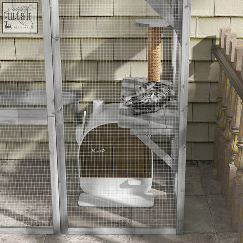Silver metal cat enclosure with wire mesh and built-in scratching post next to pawhut hooded cat litter box kit with scoop and flap door