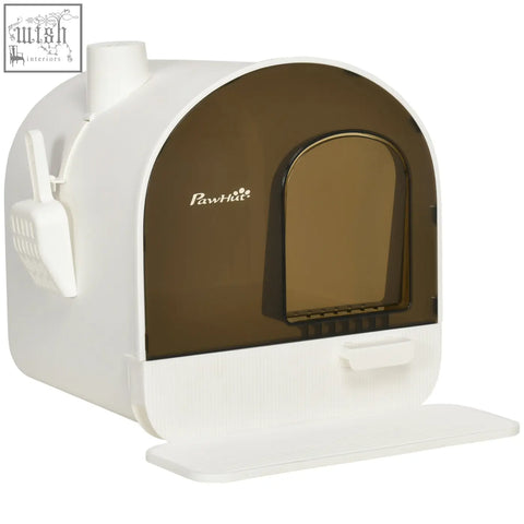 Pawhut hooded cat litter box with white and brown design and transparent front panel for easy cat litter use