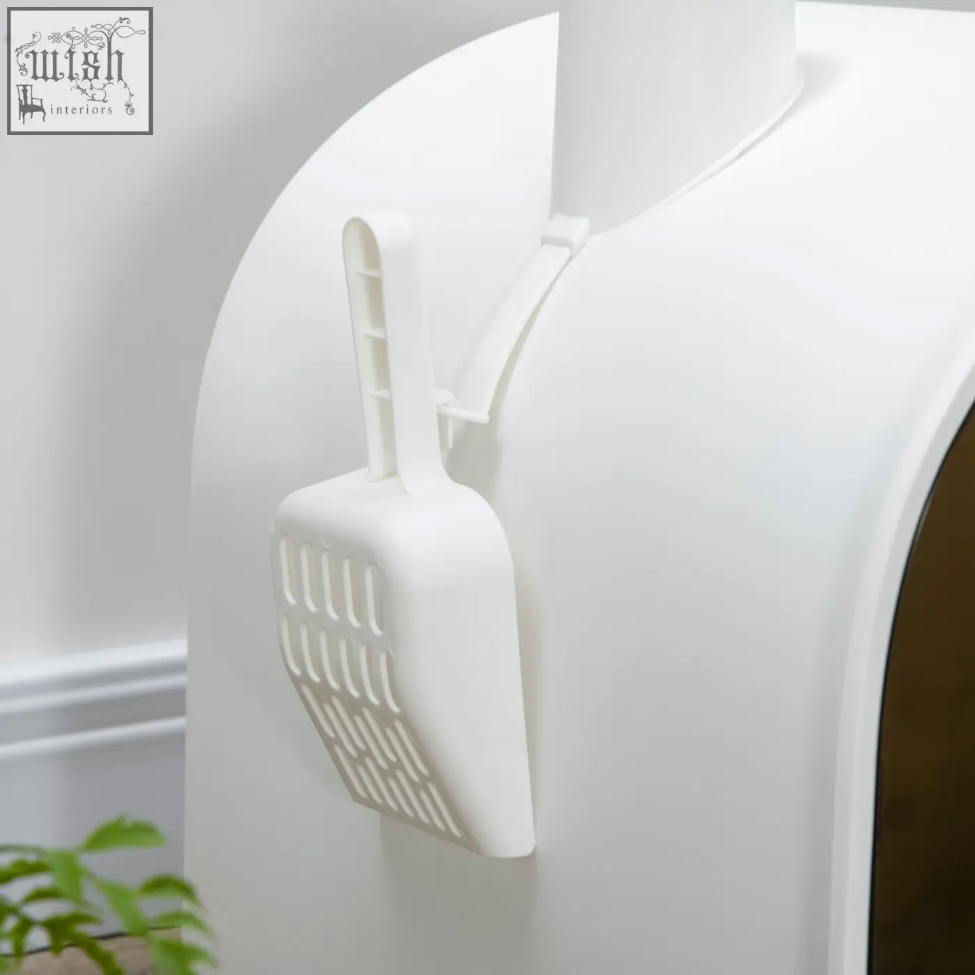 White plastic cat litter scoop with grid blade and handle attaches to pawhut cat litter box for easy cleaning
