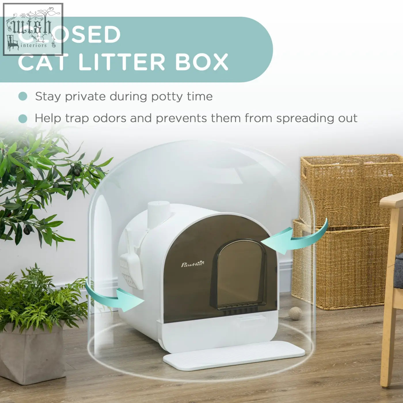 White and brown pawhut hooded cat litter box with transparent dome cover scoop filter and flap door for cat litter use
