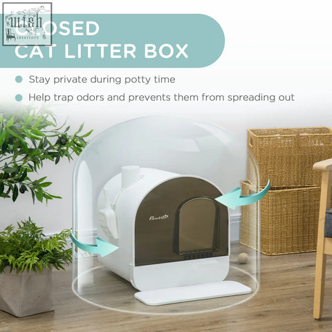 White and brown pawhut hooded cat litter box with transparent dome cover scoop filter and flap door for cat litter use