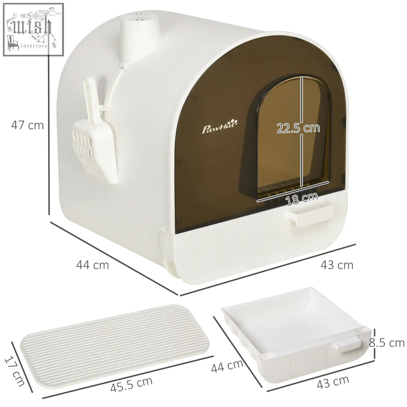 White and brown PawHut hooded cat litter box with integrated scoop and filter for easy cat litter cleaning