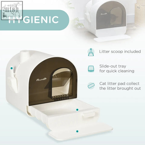 White and brown pawhut hooded cat litter box with slide-out tray scoop filter and flap door for easy cleaning