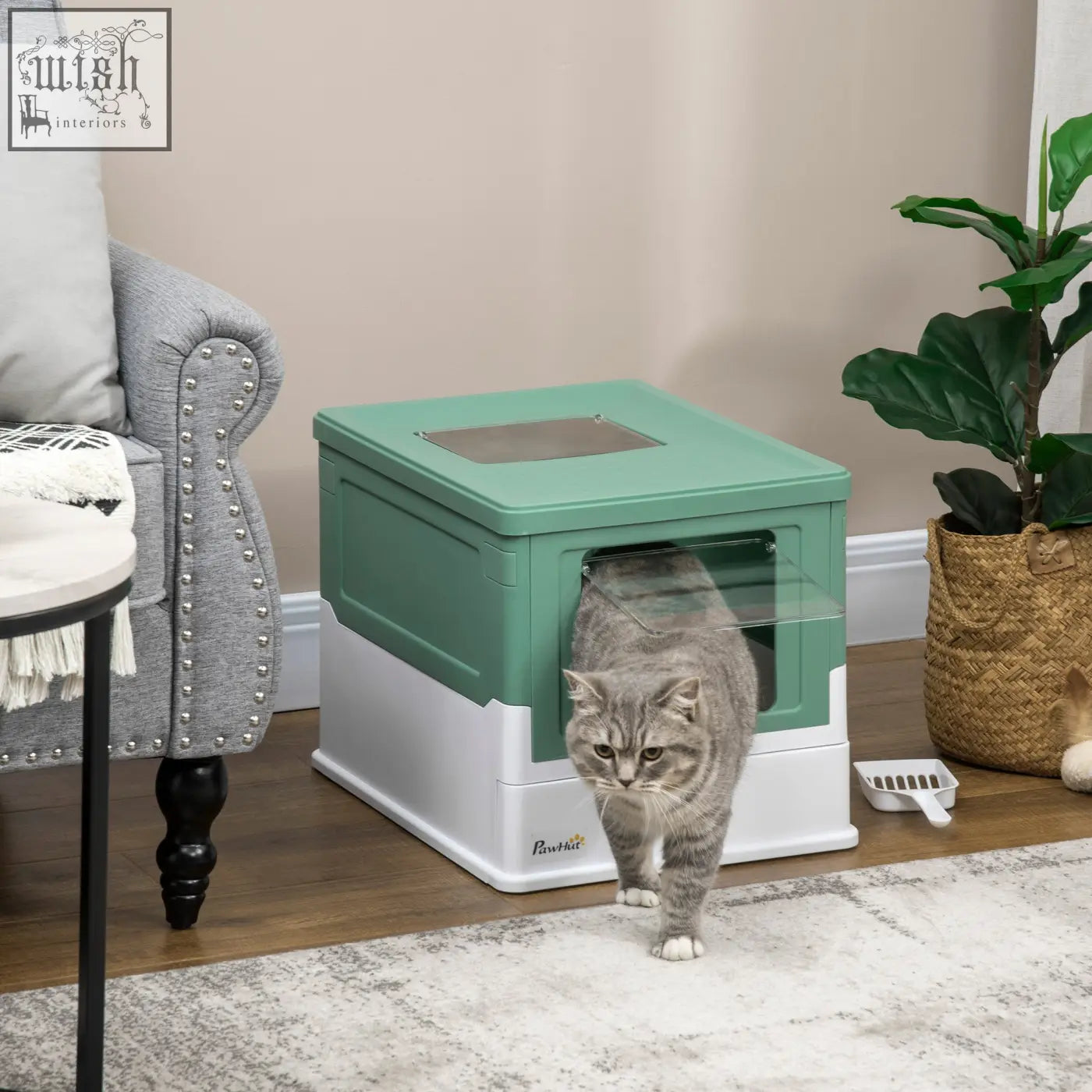 Mint green and white pawhut hooded cat litter box with clear front panel and high edges for easy front entry use