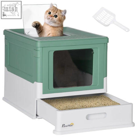 Pawhut hooded cat litter box in green with high edges pull-out tray and transparent front and a kitten inside