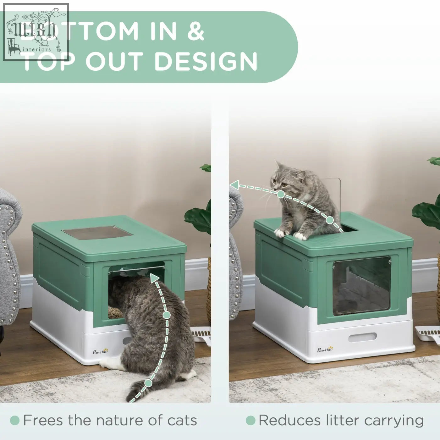 Pawhut mint green and white plastic cat litter box with transparent front panel and high edges for easy front entry