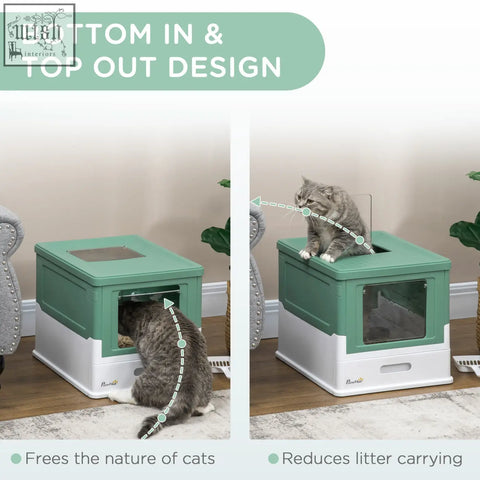 Pawhut mint green and white plastic cat litter box with transparent front panel and high edges for easy front entry