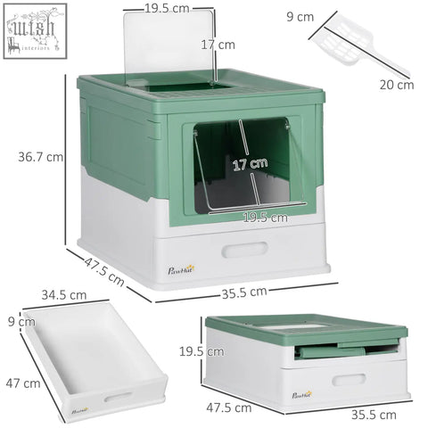 Green and white pawhut foldable cat litter box with transparent front panel high edges and included scoop
