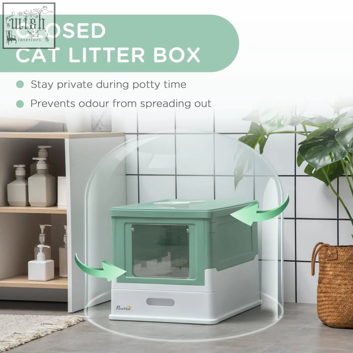Pawhut hooded cat litter box in mint green and white with clear front panel and high edges for easy cat litter use