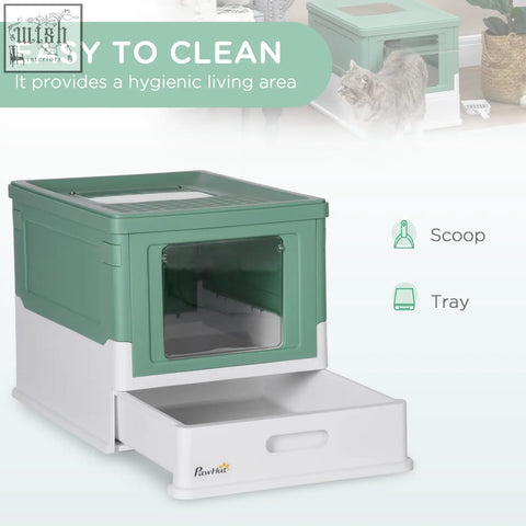Pawhut hooded cat litter box in green plastic with transparent front panel and high edges for easy cleaning
