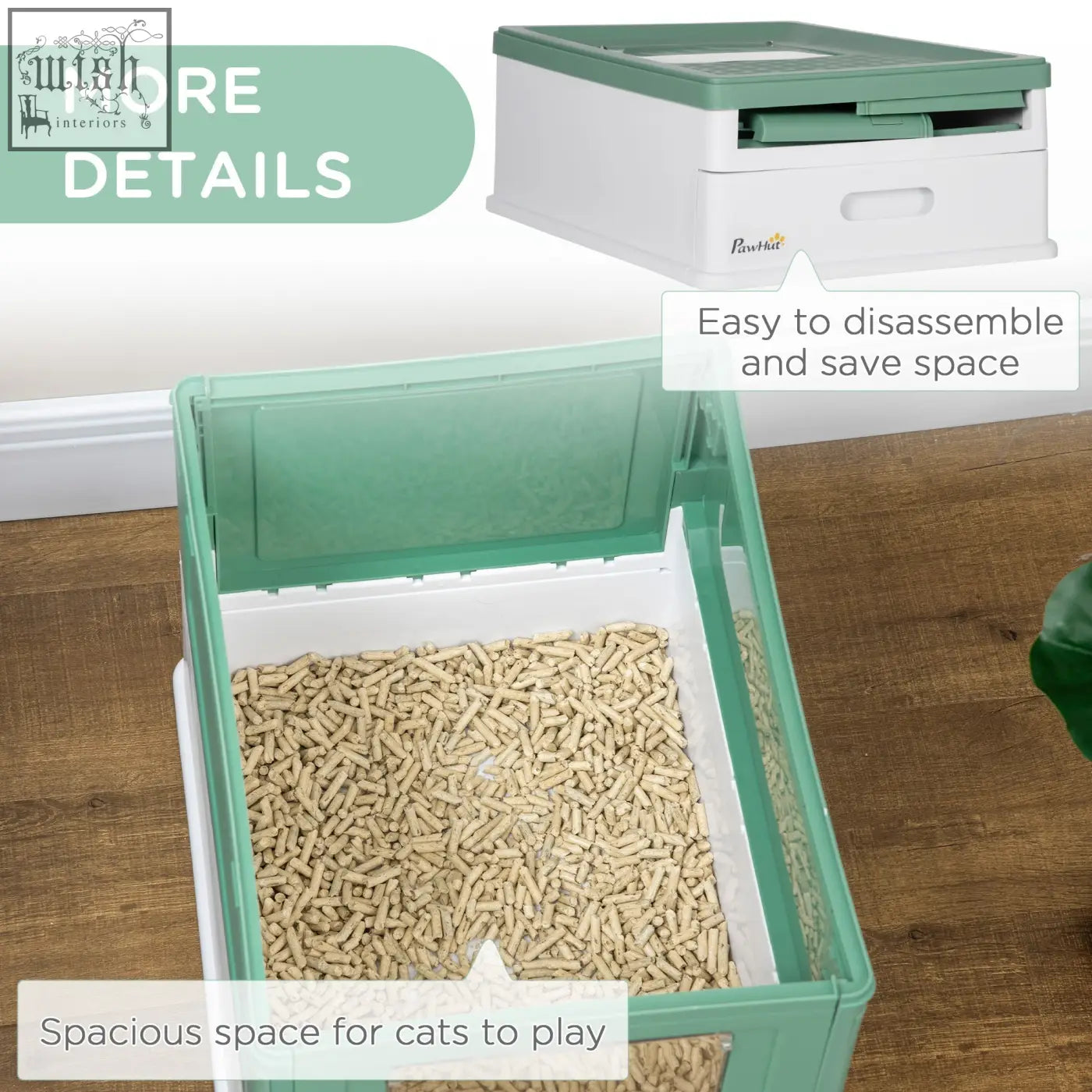 Pawhut green hooded cat litter box with hinged lid, internal divider, high edges, and front entry for easy cleaning