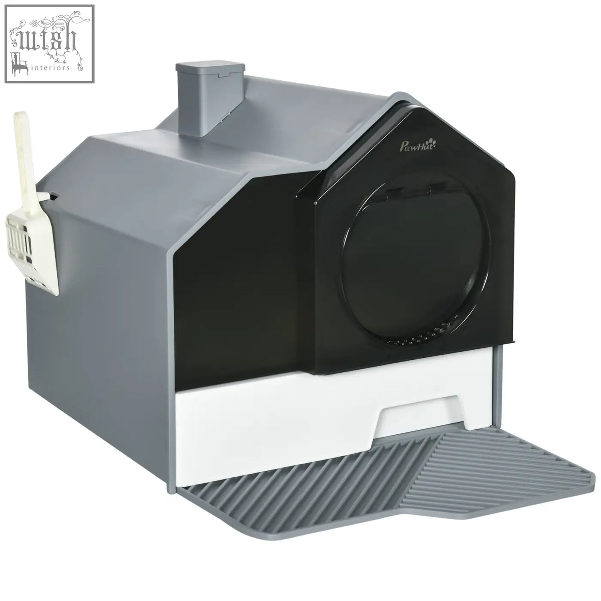 Black and gray pawhut hooded cat litter box with front entrance drawer pan and white scoop attached for easy cleaning