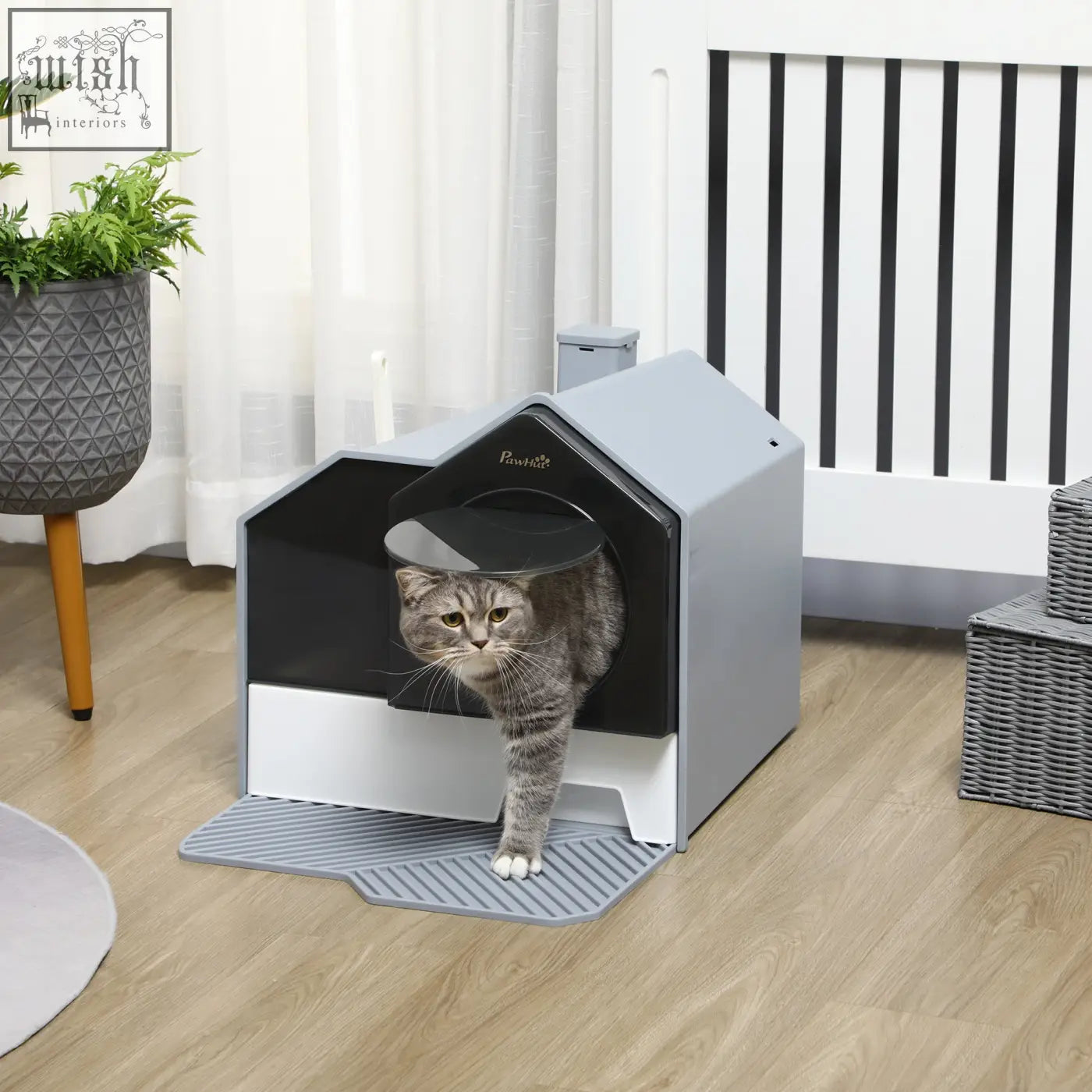 Gray and black pawhut hooded cat litter box with drawer pan handle and front entrance for easy cat litter use
