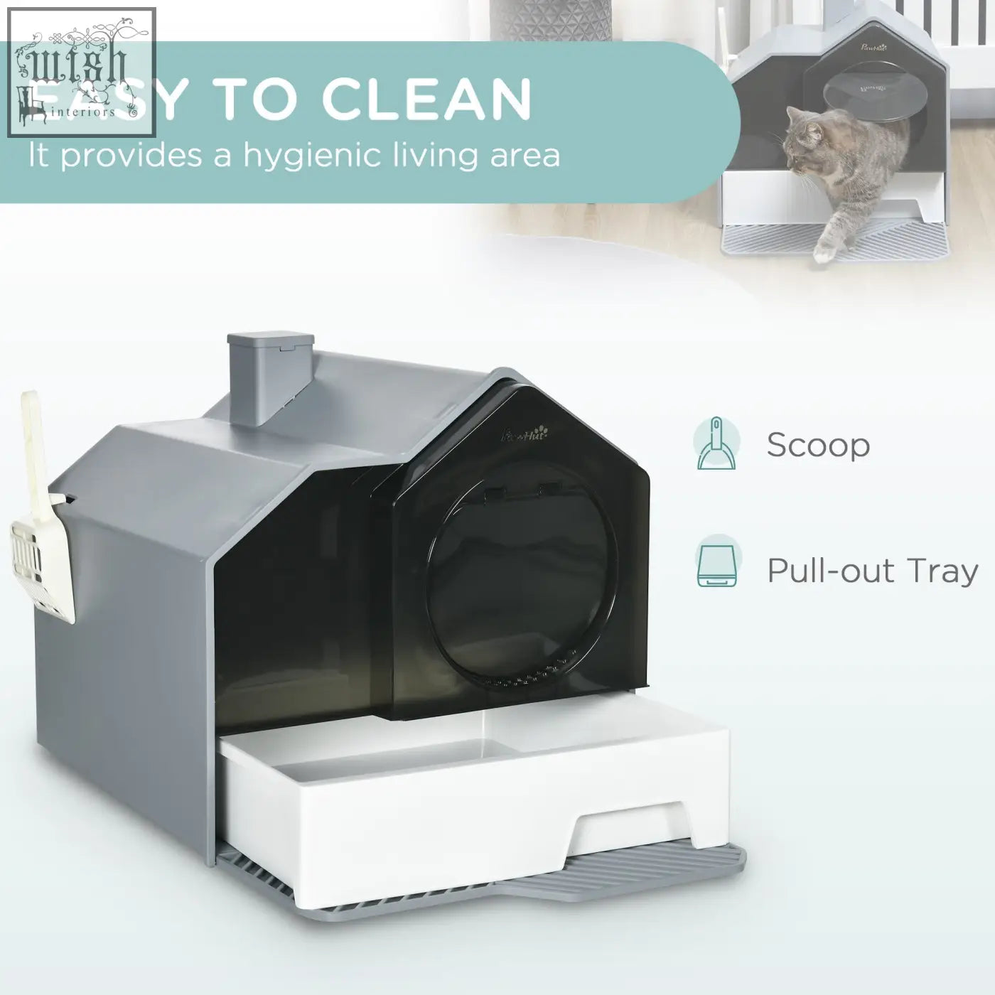 Gray and black pawhut hooded cat litter box with white pull out drawer tray and front entrance for easy cleaning
