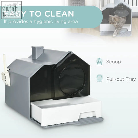 Gray and black pawhut hooded cat litter box with white pull out drawer tray and front entrance for easy cleaning