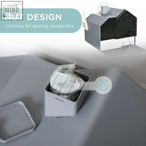 Gray and black hut-shaped deodorant organizer with chimney top for deodorants beside pawhut cat litter box with front entrance