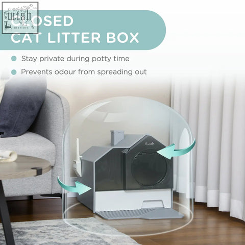 Black and white pawhut hooded cat litter box with clear dome cover and front entrance for easy use and odor control