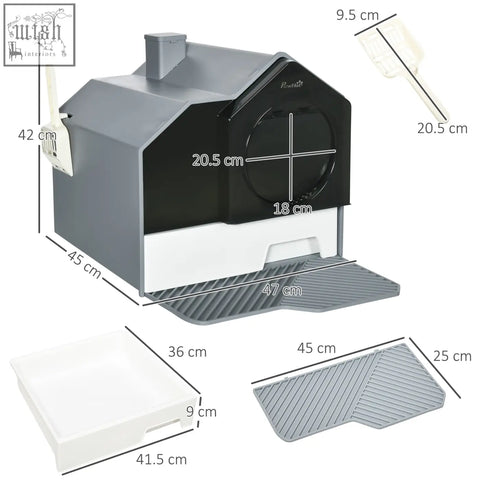 Gray and black plastic pawhut hooded cat litter box with drawer pan scoop deodorants and house shaped design