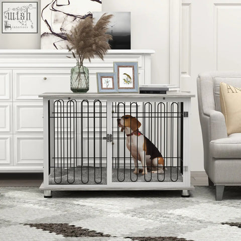 White metal dog crate with black steel wire mesh doors and gray felt floor to keep large dogs securely inside