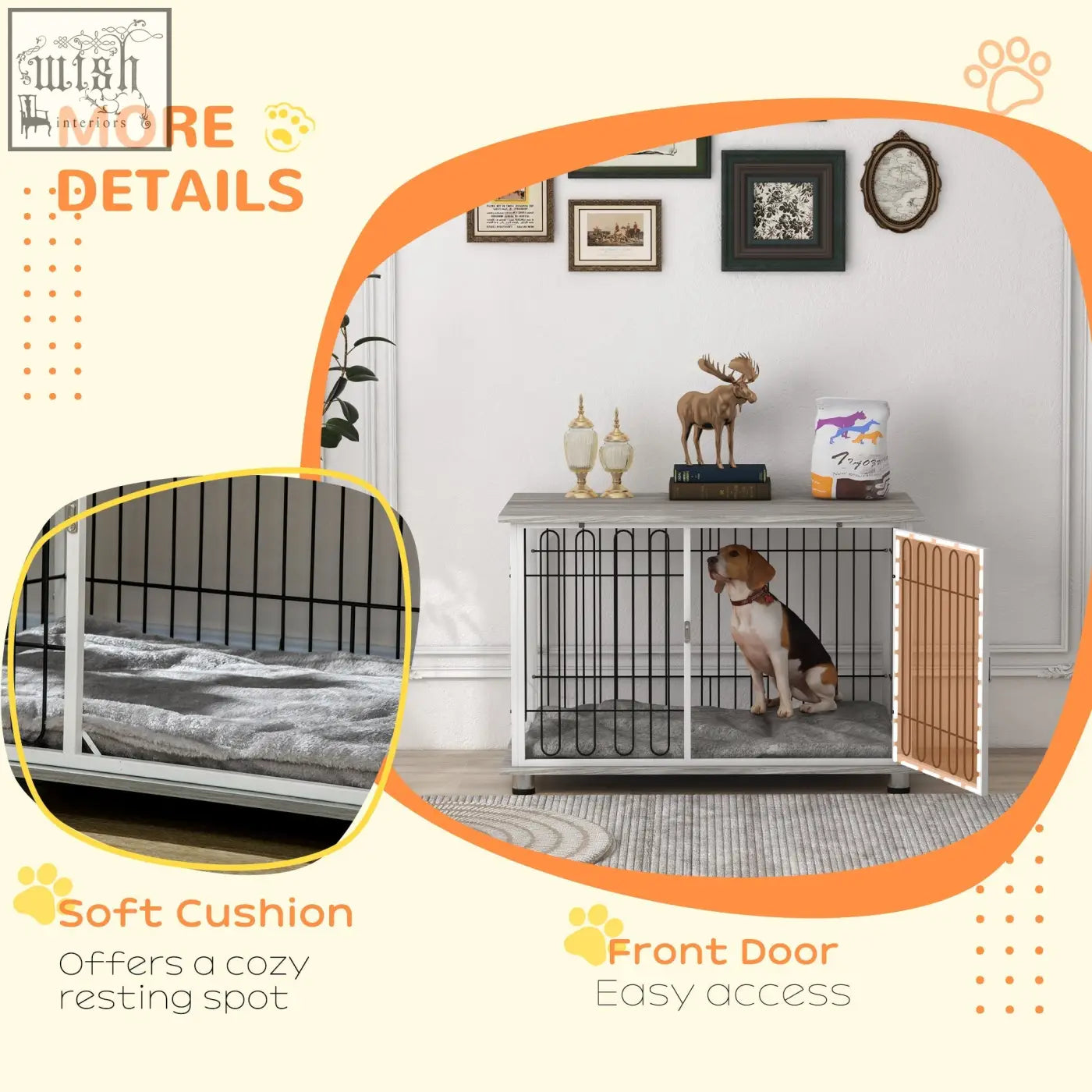 Black metal dog crate with steel wire frame, soft gray cushion, and front door for easy access to keep dogs securely inside