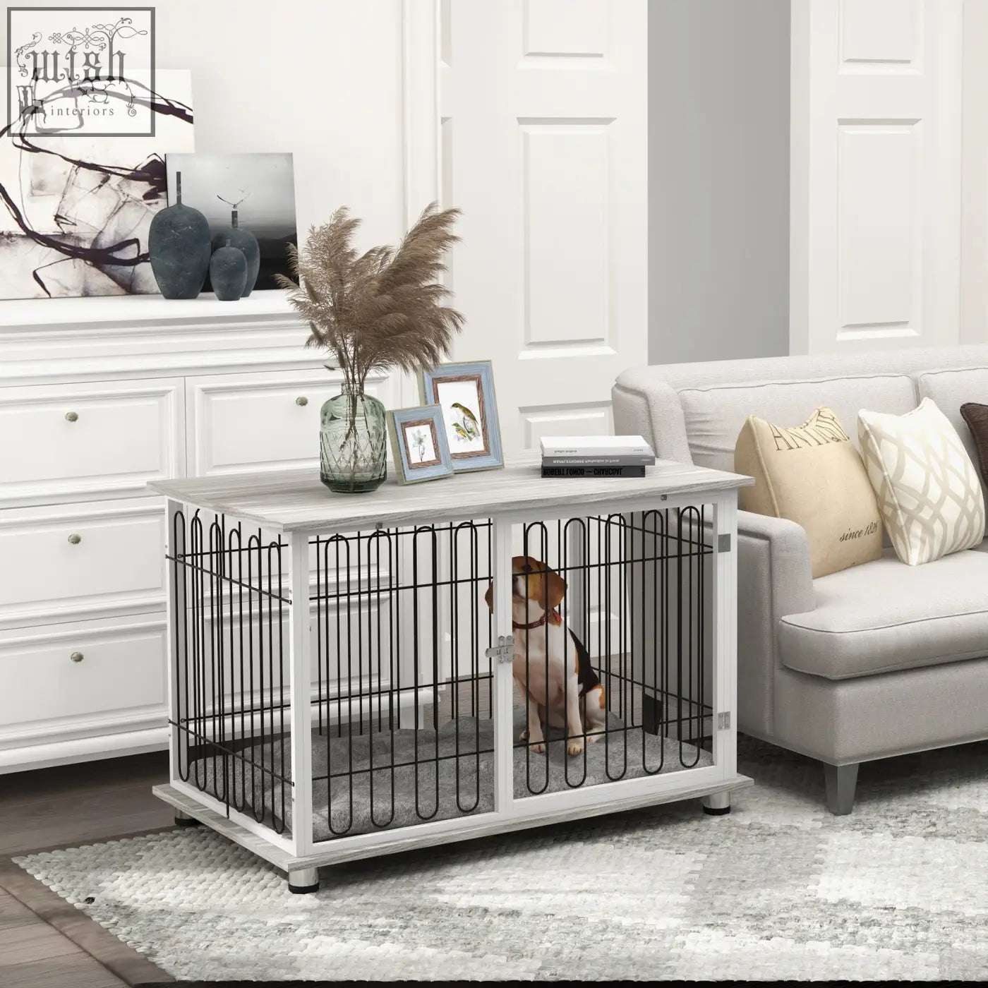 Pawhut indoor dog crate furniture in white wood with black steel wire bars and gray tabletop to keep dogs securely inside