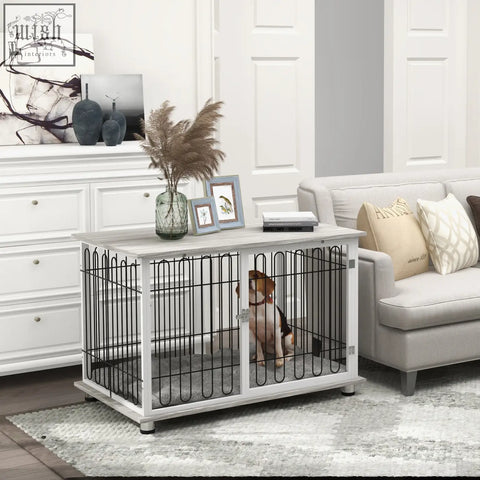 Pawhut indoor dog crate furniture in white wood with black steel wire bars and gray tabletop to keep dogs securely inside