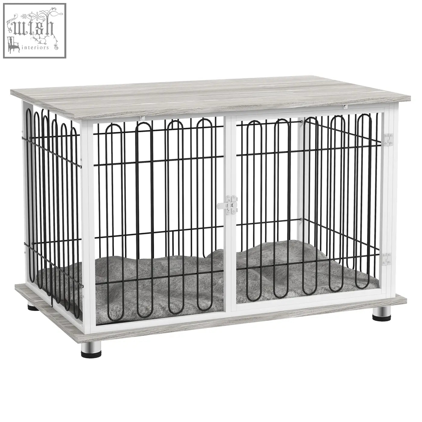 Pawhut indoor dog crate furniture with white and black steel wire, gray wood grain, cushioned interior, and lockable doors to keep dogs securely inside