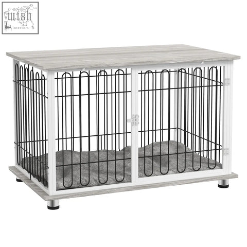 Pawhut indoor dog crate furniture with white and black steel wire, gray wood grain, cushioned interior, and lockable doors to keep dogs securely inside