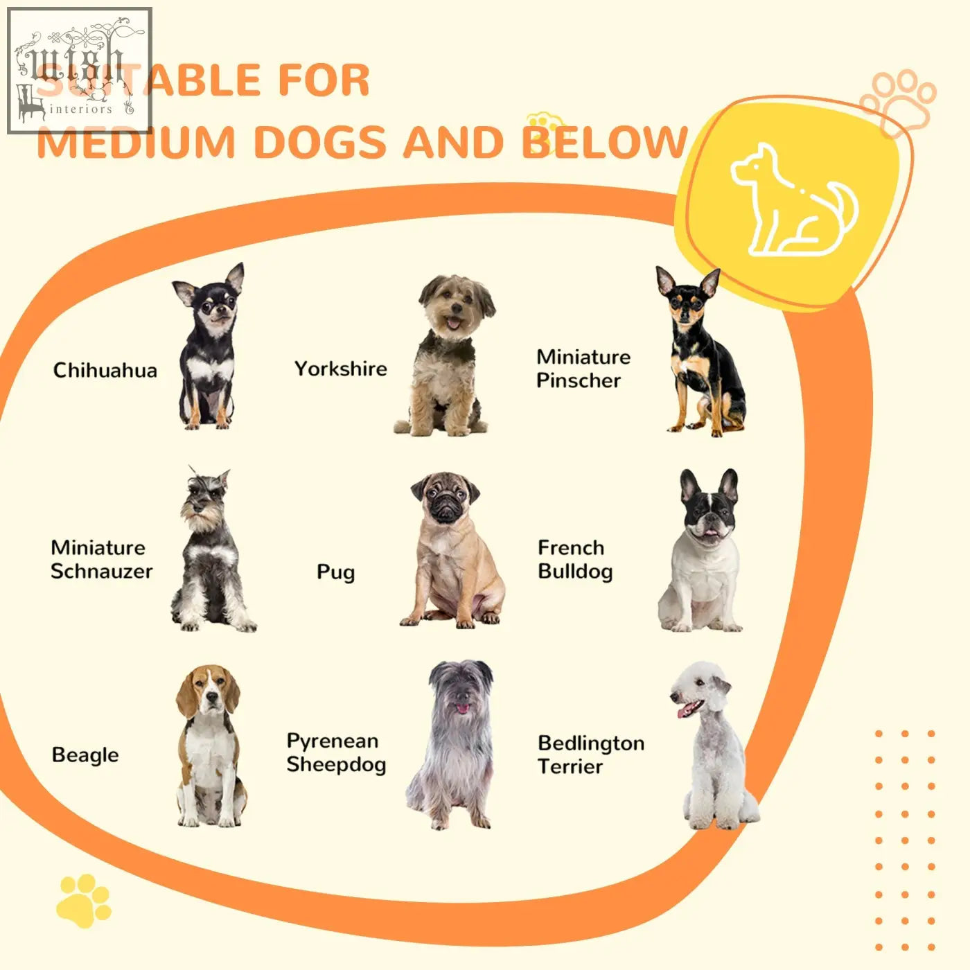 A cheerful cartoon of nine small dog breeds around a pawhut dog crate made of steel wire to keep dogs securely inside
